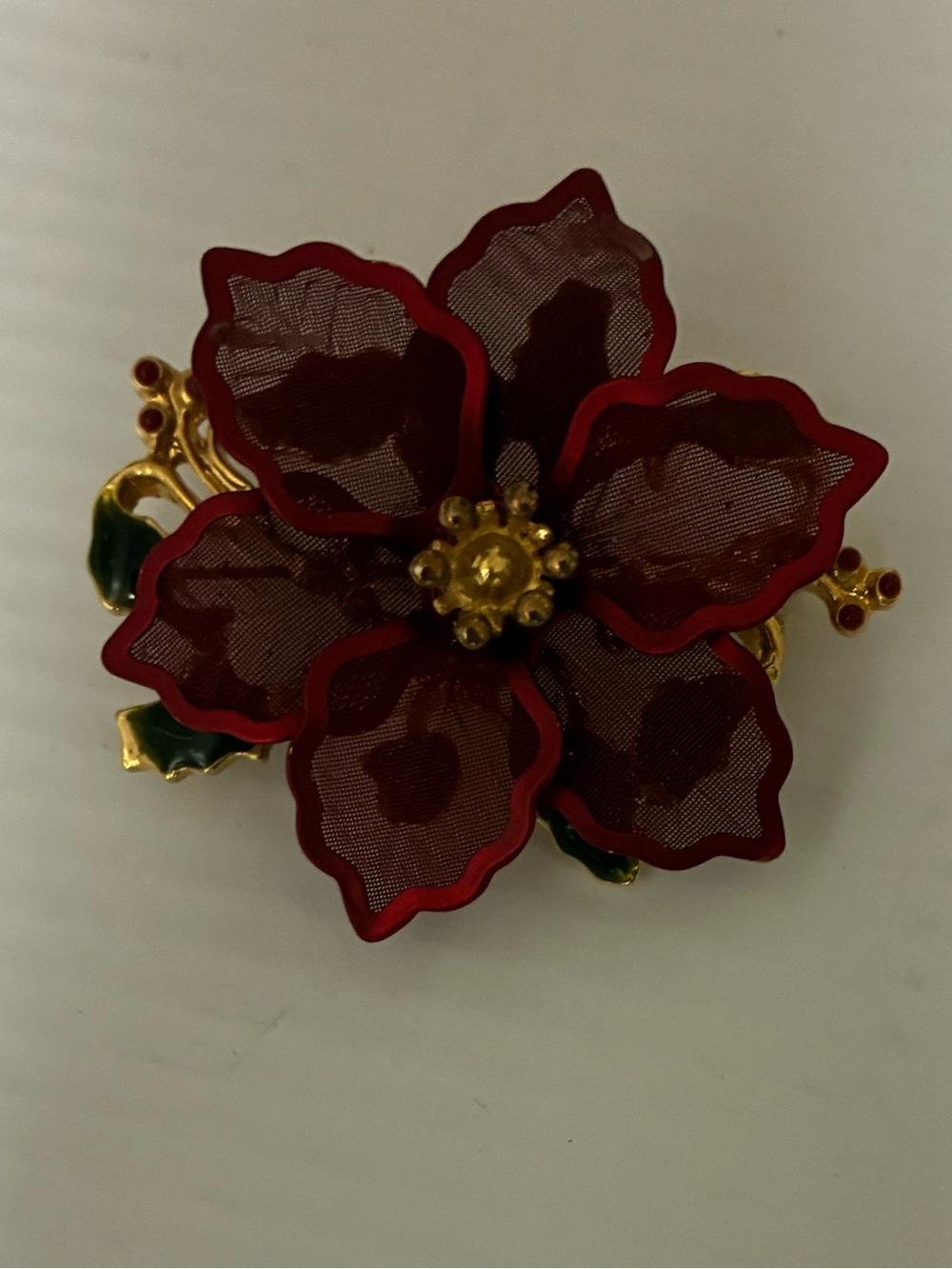 Mesh and Enamel poinsettia brooch